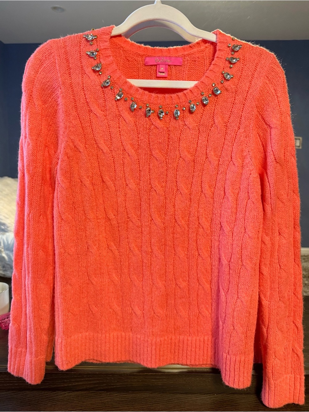 Lilly Pulitzer Medium Dario Coral Rhinestone Cable-Knit Crewneck Sweater